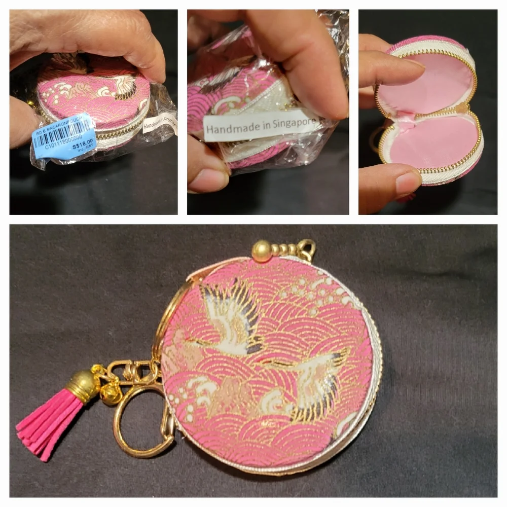 Bag Hanger Coin/Earbuds Purse brocade - crane - Handmade In Singapore